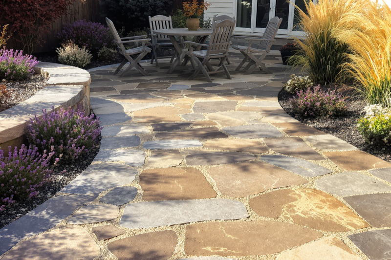 Natural stone patio installation in Garden City, Idaho