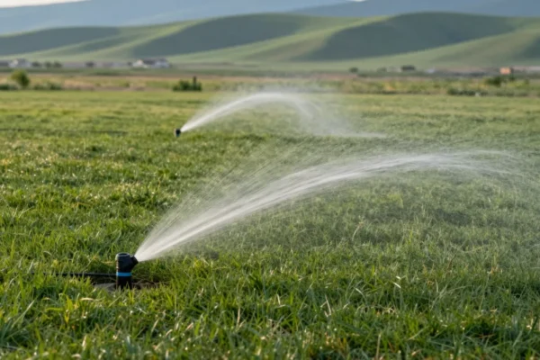 Sprinkler heads watering a green residential lawn, for diy vs professional french drain installation in Boise